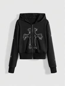 ROMWE Grunge Punk Sudadera con cremallera y remaches con estilo vintage punk para mujeres - Negro - Ver 5