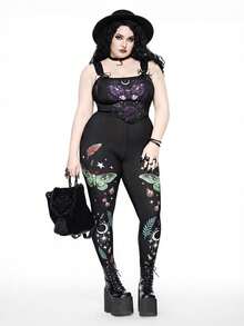 ROMWE Quần legging đen in họa tiết Gothic Thorn Witch, Butterfly, Star & Moon Magic Potion, Plant & Feather Print, Plus Size Women's Pants cho mùa Thu/Đông. - màu xanh lá - Xem 2