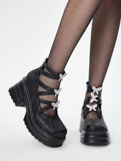 Goth 2024 New Fashion Mary Jane Street Style Women's Shoes, Thick Heel Chunky Platform Round Toe Casual Slip-On Pumps, Versatile For Spring Commute