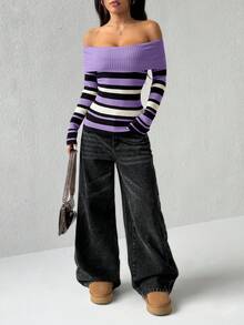 Flirla Women's Autumn/Winter Casual Fashion Colorblock Striped Foldover Off Shoulder Fitted Sweater - Purple - View 3