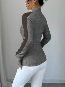 SHEIN LUNE Women's Casual Contrast Color Ribbed Knit Turtleneck Minimalist Sweater, Autumn/Winter - Grey - View 2
