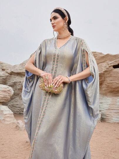 Al Najma Elegant stickad turkisk maxiklänning och arabisk traditionell abaya för kvinnor