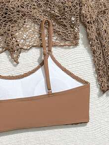 SHEIN 少女比基尼套装，咖啡色纯色镂空网纱针织面料，纱线服装，纱线裤子，镂空网纱罩衫，四件套泳衣和泳裤，纱线服装和纱线裤子，时尚休闲，精致华丽，适合游泳，适合夏季度假、海滩、游泳池、夏季派对休闲度假。豹纹系带开衩中长上衣和松紧腰短裤套装，度假两件套。 - 咖啡棕 - 查看 5