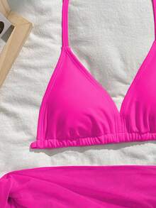 SHEIN Tween Girls Tankinis, Casual Rose Red Three Piece Swimsuit Set+Half Skirt Fashionable Casual Exquisite Gorgeous Lady Suitable For Swimming Suitable For Summer Vacation, Beach Beach Beach Swimming Pool, Summer Party Leisure Vacation. Hot Pink Bikini 3 Piece Swimsuit Set Girls Beach Sets - Hot Pink - View 3