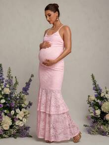 MaterniChic 孕妇纯色简约休闲蕾丝吊带连衣裙 - 粉色 - 查看 4