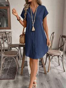 SHEIN Tall CURVE Plus Size Women's Casual Vacation Style Solid Color Notch Neck Batwing Sleeve Loose Dress - Blue - View 4