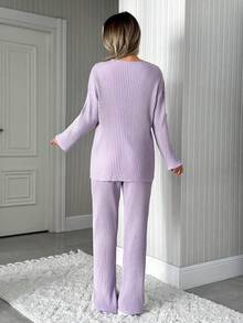 Loomlin Dream Big Nap – Soft Ribbed Knit Lounge Pajama Set For Women, Long Sleeve Relaxed Fit Sleepwear With Cloud Graphic Print, Cozy & Chic Nightwear Co-Ord - Lilac Purple - View 2