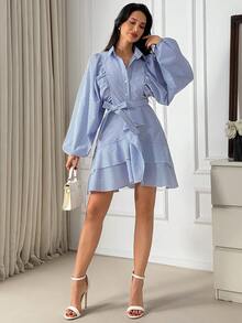 EURMUSE Blue & White Striped Short Dress With Puff Sleeves, Bow Tie Belt, And Ruffle Hem - Blue - View 3