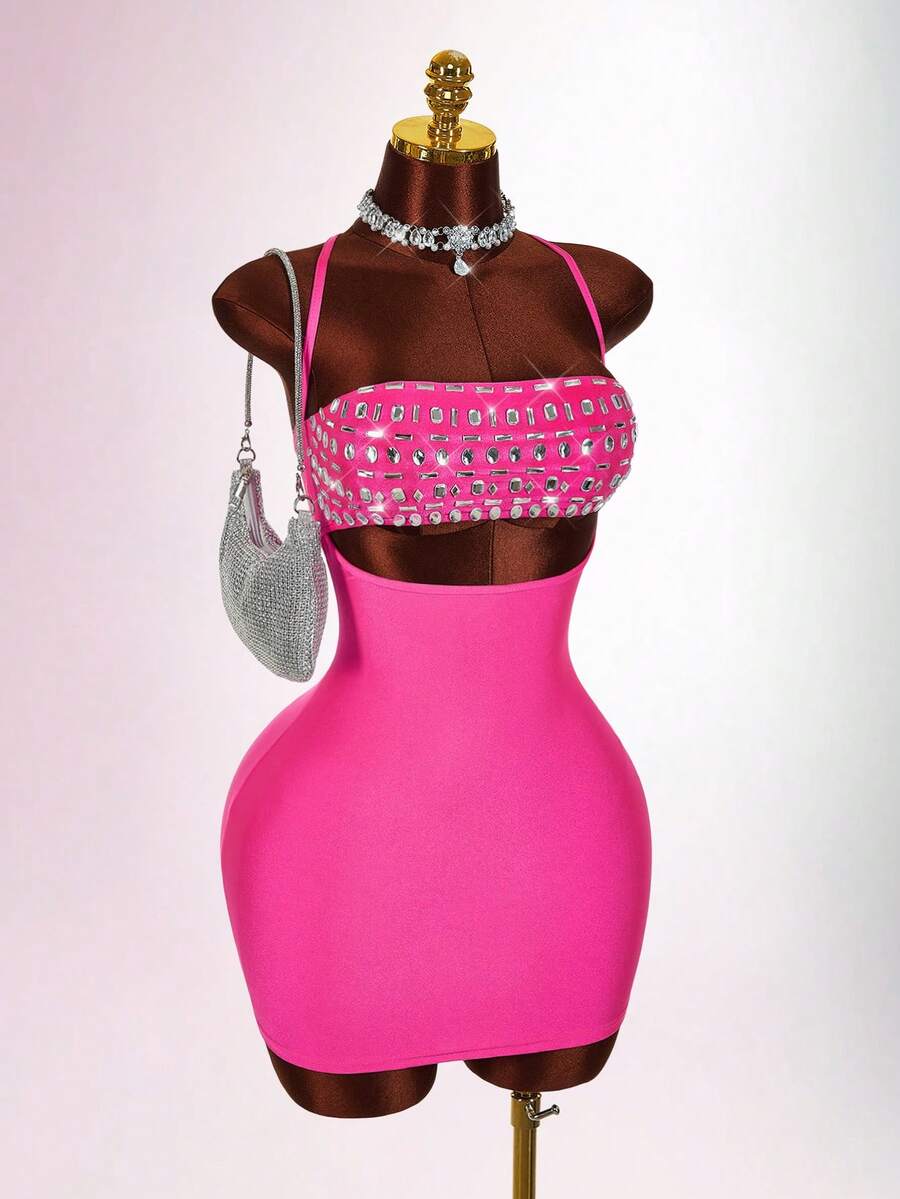 Amplova Women's Rhinestone Cutout Bodycon Mini Slip Dress, Sexy - Hot Pink - View 1