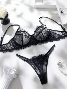 2pcs Set Rose Red Mature Sensual Lace Patchwork Lingerie Set - Black - View 3