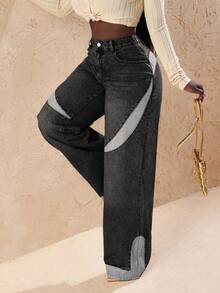 Slaydiva Quần jean denim nữ in họa tiết kiểu dáng thường ngày - màu đen - Xem 6