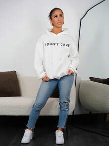 SAYEHFBABY Casual Simple "I Don't Care" Graphic Print White Hooded Long Sleeve Loose Thick Fleece Sweatshirt For Women Back To School Fall And Winter Clothing Hoodie - White - View 1