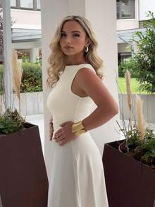 Jeta Ari Áo hai dây xếp ly cổ tròn màu trơn mùa hè cho nữ - Màu be - Xem 5