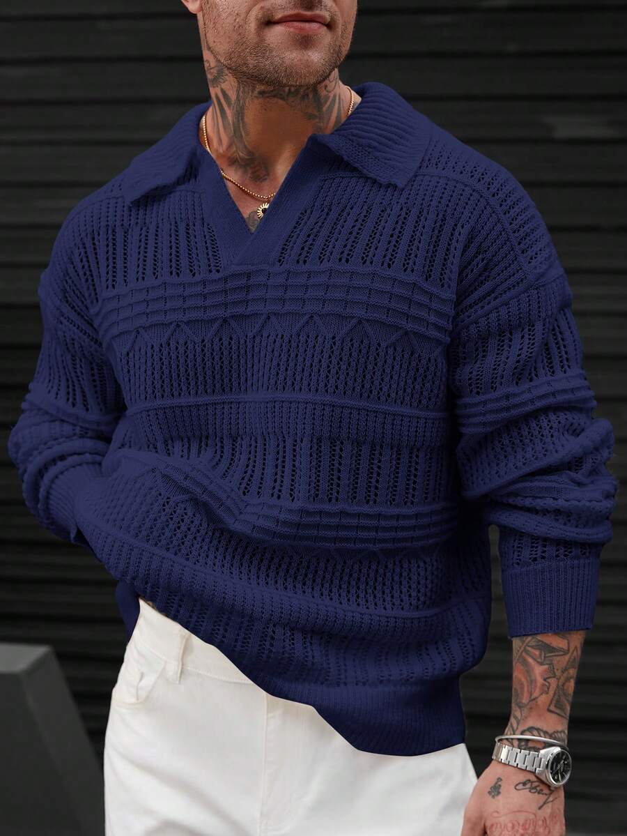 Manfinity Homme 男士纯色休闲百搭通勤长袖毛衣,秋冬男士针织衫藏蓝色毛衣,男士针织Polo衫,男士翻领针织衫,男士针织上衣藏蓝色男士毛衣套头衫,男士针织Polo衫 - 藍色 - 查看 1
