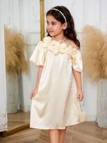 1pc Girls Casual Loose Fit Satin Slip Dress, Sleeveless Floral Neck Design, Elegant & Vintage Style, Suitable For Summer - Champagne - View 4