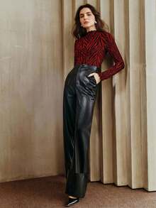 Anewsta Elegant Black Mock Neck Textured Silver & Gold Pleated Slim Fit Long Sleeve T-Shirt For Women, Autumn - Burgundy - View 4