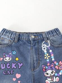 SHEIN ChillGRL Tween Girls' Flare Leg Jeans, Retro Street Fashion Sweet & Cute Casual Daily School Style Recommended For Back To School Season. Adorable Bow & Floral Print Design, Distressed Details Add A Streetwear Vibe, Elastic Waistband For Comfort, Asymmetric Waist Design, Loose Fit Flattering Silhouette, Suitable For Outings, Dates, Beach Vacations, Daily School Looks, Or Hangouts With Friends - Light Wash - View 3