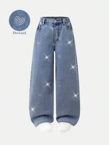 SHEIN ChillGRL Tween GirlsGrey Fashionable Casual Rhinestone Embellished Loose Wide-Leg Washed Denim Jeans - Light Wash - View 4