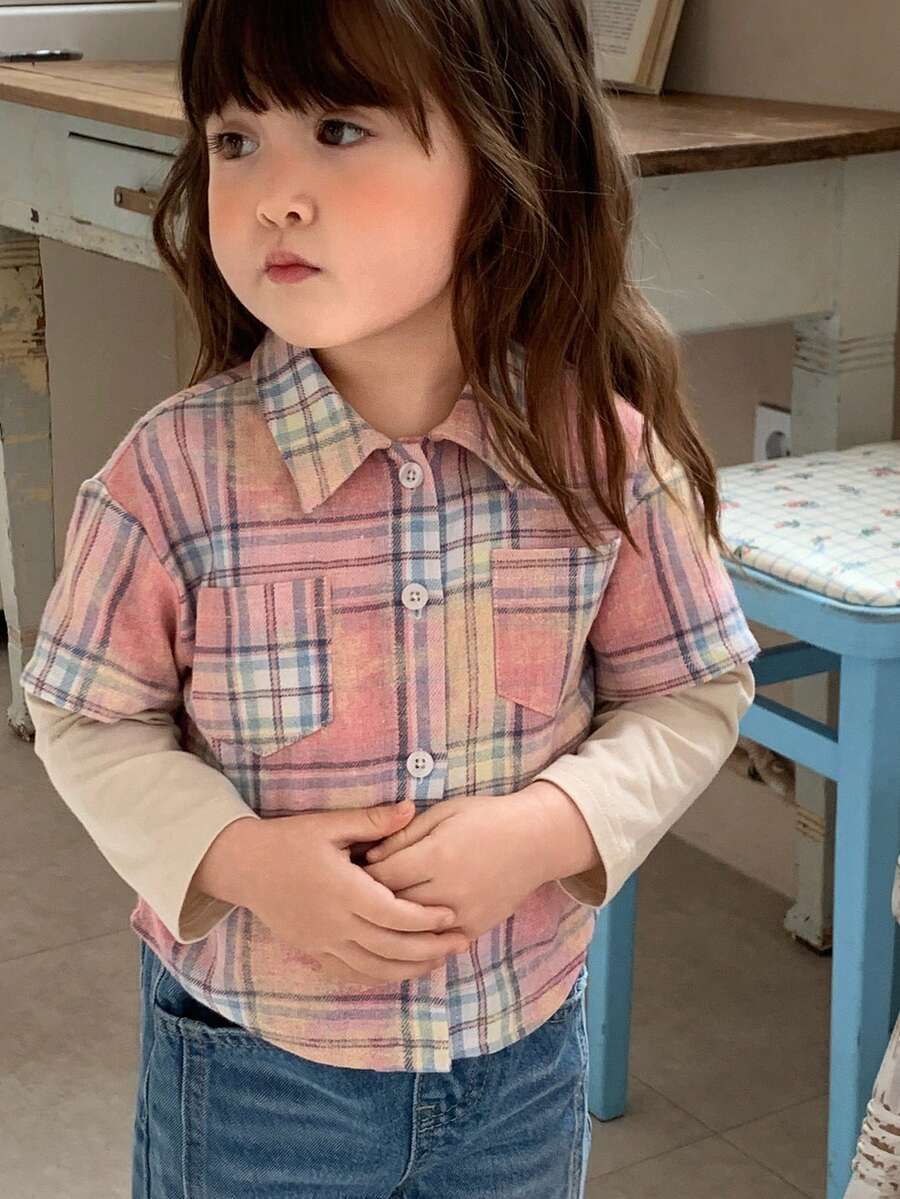 DAZY Baby Girls' Lapel Plaid Long Sleeve Pocket 2 In 1 Long Sleeve Shirt - Pink - View 1