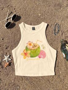 Tseoso Casual Minimalist Coconut Shell Flower Print Round Neck Tight Fit Women Tank Top, Suitable For Summer Spring - Apricot - View 3