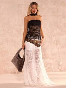 Glamine Women's Fashionable Sexy Lace Bandeau Neck Top - Black - View 6