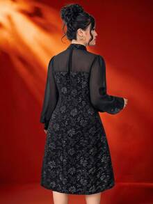 Reflora Plus Size Women's Black Long Sleeve Elegant Patchwork Midi Dress,Autumn/Winter Formal Evening Outfit,Modest Chinese Style Floral Formal Party Dress - Black - View 2