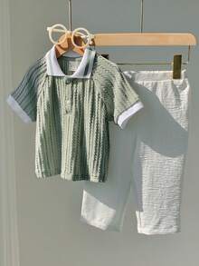 SHEIN 2pcs Baby Boy Summer Casual Denim And White Family Matching Green Polo Collar Short Sleeve Top And Elastic Waist Pants Set For Birthday Party Wedding - Multicolor - View 5