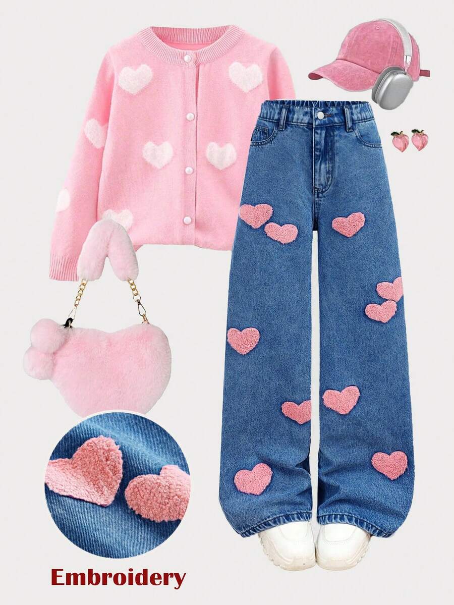 SHEIN Girls' Pink Heart Embroidered Pattern Blue Denim Loose Fit Pants - Dark Wash - View 1