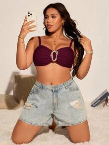 Swim Chiccia 大码女式纯色露肩金属装饰性感连体比基尼上衣，适合春季穿着 - 酒紅色 - 查看 3