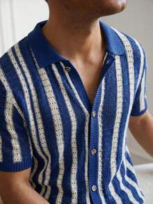 Manfinity CityGents Men's Striped Single-Breasted Casual Everyday Commute Knit Short Sleeve Top Mens Beach Shirt Mens Blue And White Shirt Men Crochet Shirt Cuban Shirt Men Knitted Men Shirt Men Blue And White Shirt - Multicolor - View 3