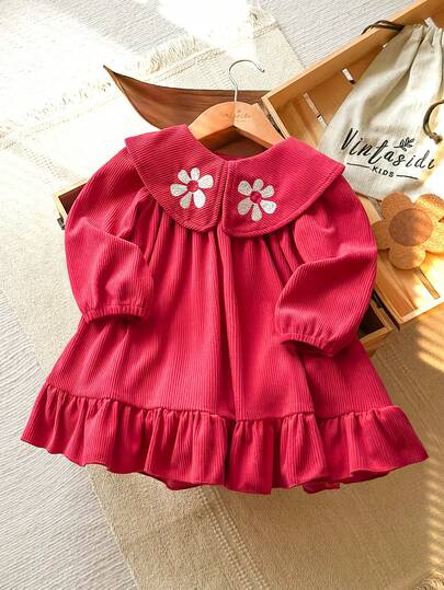 Vintaside Kids Baby GirlComfortable Soft Fashionable Camel Corduroy Peter Pan Collar Cute Floral Embroidery Long Sleeve Pastoral Style Versatile Dress, Suitable For Spring And Autumn Daily Wear