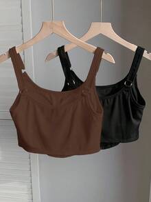 Comfortcana 2-Color Women's Knit Sports Camisole With Padded Bust Crop Tops Ribbed Crop Top Aesthetic Tops Bra Cup Tops Padded Tops Casual Crop Tops Padded Crop Tops Sleeveless Crop Tops - Brown - View 2