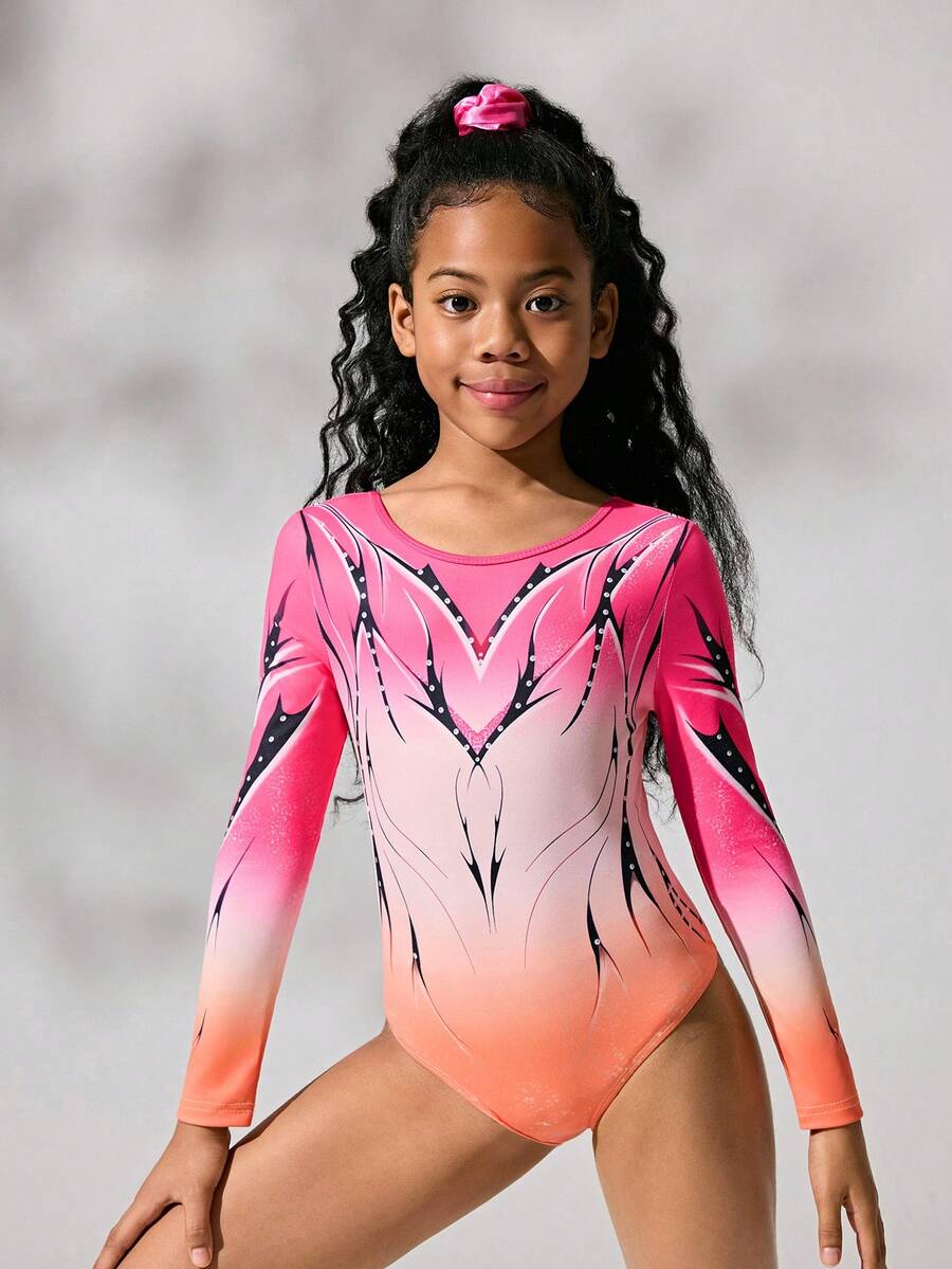 SHEIN Tween Girls 1pc Gymnastics Leotard, Cute Long Sleeve Jumpsuit, Dance Activewear, Black Stretchy Gymnastics Outfit - Orange - View 1