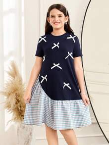SHEIN Tween Girl Woven Solid Color Plaid Patchwork Cute Bow Decor Round Neck Short Sleeve Loose Dress, Blue Dress, Suitable For Travel, Daily Outing, Back To School - Royal Blue - View 6