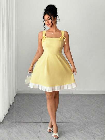 Elenzga Plus Size Elegant Commuter Dress For Women, Color Block Spaghetti Strap Bow Decor, Suitable For Spring/Summer, Back To School, Vacation, Graduation, Holidays, Valentine's Day, Christmas, Music Festivals, Mother's Day, Halloween, Thanksgiving, Easter, National Day, Dances, Dates, Parties, Weddings, Outdoor Activities