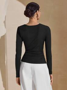 Graceveil Women's Black Hollow-Out Elegant T-Shirt With Leather Buckle Design, Slimming American Style For Outings And Dates, Autumn - Coffee Brown - View 2