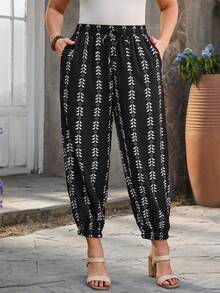 EMERY ROSE 大码几何印花抽绳裤，休闲假日风，适合夏季/春季度假，女士春季海滩度假，波西米亚风长裤，印花长裤，女士休闲裤 - 黑與白 - 查看 3