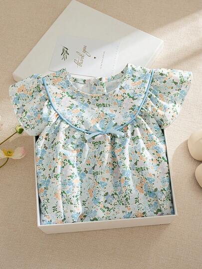 Souflis Souflis 女宝宝夏季新款条纹樱桃印花荷叶袖荷叶领红色滚边蝴蝶结装饰后襟简约时尚公主裙