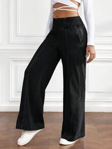 Flexra Women's Solid Color Elastic Waist Slant Pocket Jeans Black Flare Pants Flared Pants For Women Pants Wide Leg - Grey - View 3