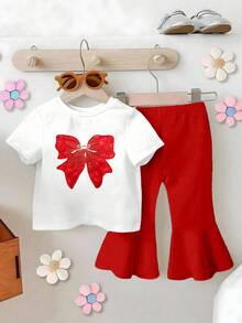 Bộ 2 món cho bé gái gồm áo thun ngắn tay và quần ống loe dễ thương có nơ, trang phục đa năng phù hợp cho mặc hàng ngày và mọi mùa. - Đỏ - Xem 8