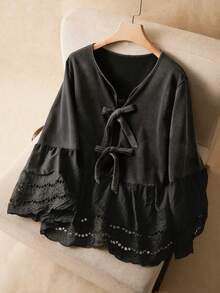 Elaquor Casual Black Knitted Fabric Plus Size T-Shirt With Ruffle Hem And Flare Sleeves Regular Length Top - Black - View 1