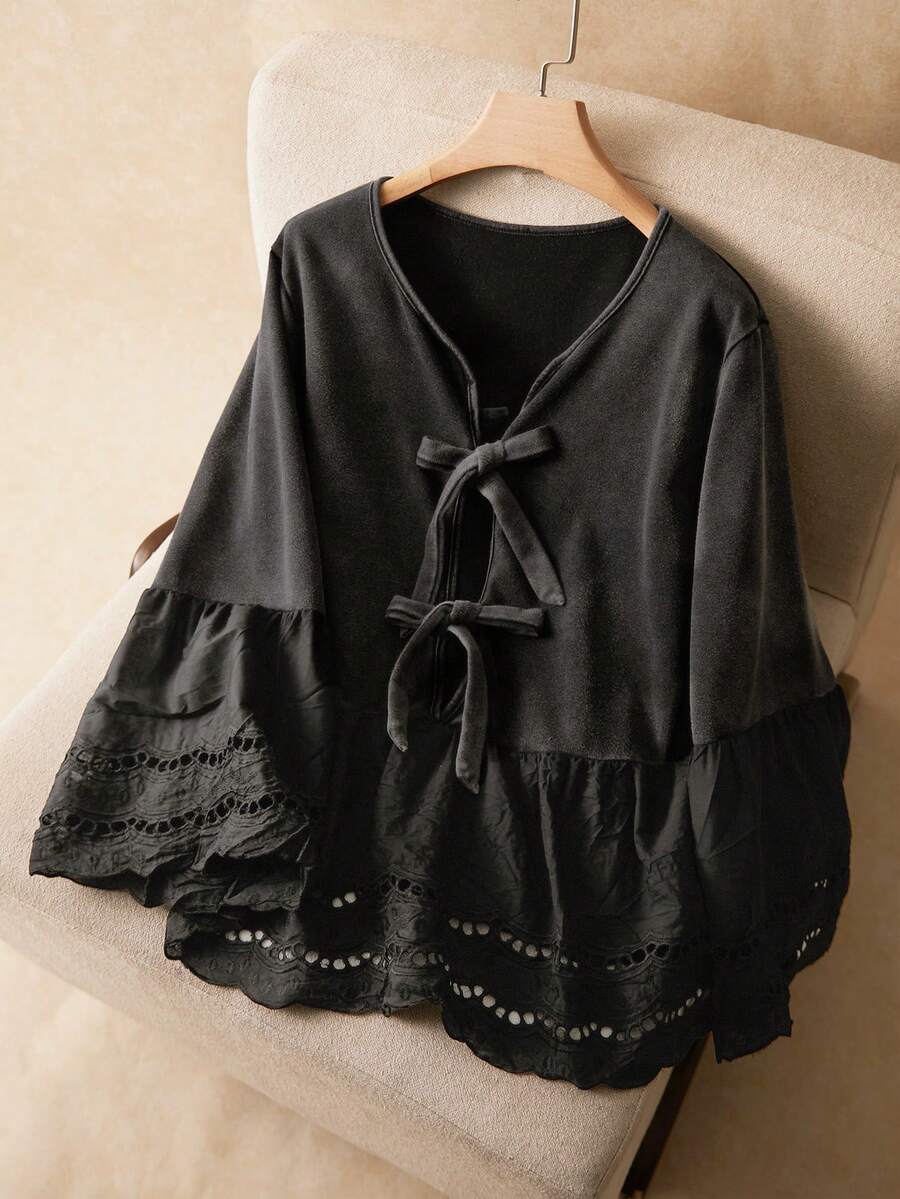 Elaquor Casual Black Knitted Fabric Plus Size T-Shirt With Ruffle Hem And Flare Sleeves Regular Length Top - Black - View 1