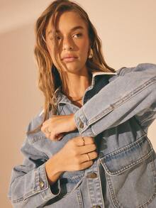 Aralina Women's Casual Luxury Elegant Summer/Winter Denim Jacket With PU Collar With Large Front Pockets Perfect For Christmas Parties And New Years Outfits And Going Out Outfits - Medium Wash - View 4