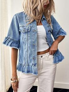 EMERY ROSE Casual Fashion Front Closure Frayed Hem Plus Size Denim Jackets,Fall Clothes For Women Jean Jacket Women Ruffle Denim Jacket Fringe Denim Jacket Cropped Denim Jacket - Blue - View 7