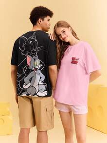 TOM & JERRY X SHEIN Women's Casual Cartoon Pattern Round Neck Short Sleeve T-Shirt, Summer - Pink - View 4
