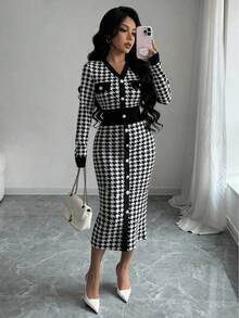 SHEIN PETITE Đầm ôm sát thời trang họa tiết răng cưa cổ chữ V phối màu tương phản dành cho nữ, thích hợp cho mùa Thu/Đông. - màu đen - Xem 1