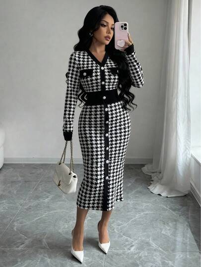 SHEIN PETITE Vestido de punto ajustado de cuello en V con contraste de color y estampado de pata de gallo de moda para mujer, para otoño/invierno