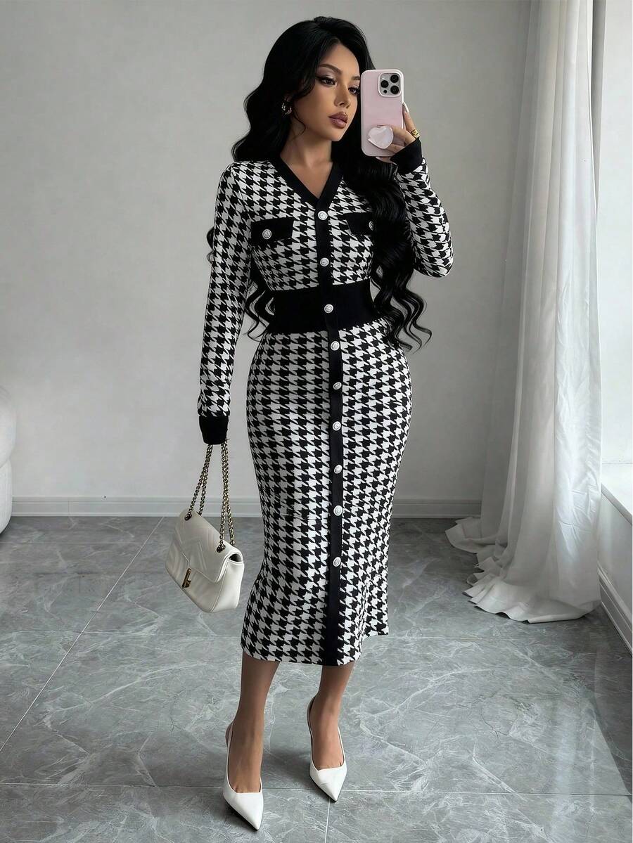 SHEIN PETITE Đầm ôm sát thời trang họa tiết răng cưa cổ chữ V phối màu tương phản dành cho nữ, thích hợp cho mùa Thu/Đông. - màu đen - Xem 1