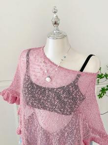 SHEIN EZwear 大码女式绿色荷叶边半透明休闲钩针披肩，适合夏季外出和约会 - 淺粉色 - 查看 6