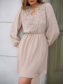 Louniche Women's Lace Collar Waist Flared Short Dress, Spring/Autumn - Khaki - View 7